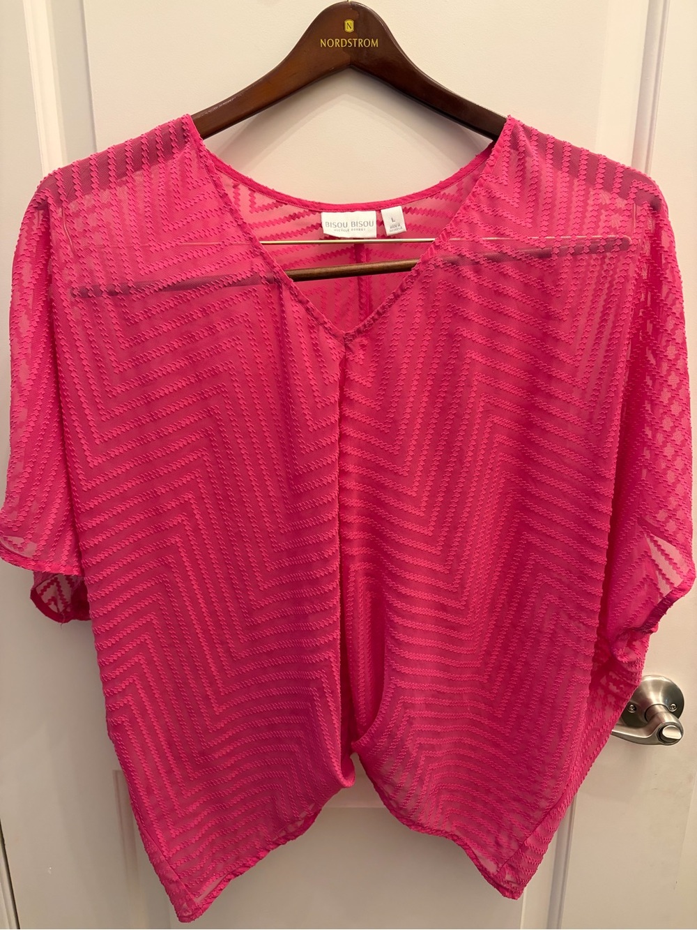 Bisou Bisou Fuchsia Chevron Sheer V-Neck Tunic Top